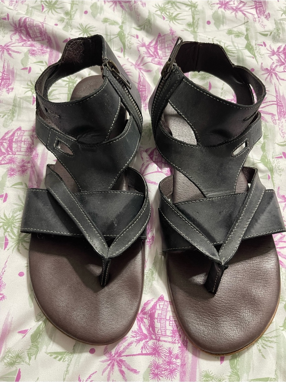 Women's Black Leather Strappy Sandals with Ankle Support